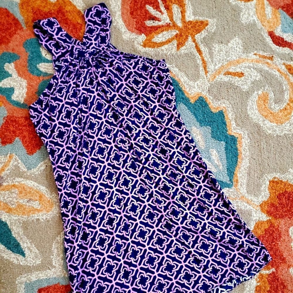 ESCAPADA KEYHOLE HALTER NAVY AND LILAC GEOMETRIC PATTERN DRESS